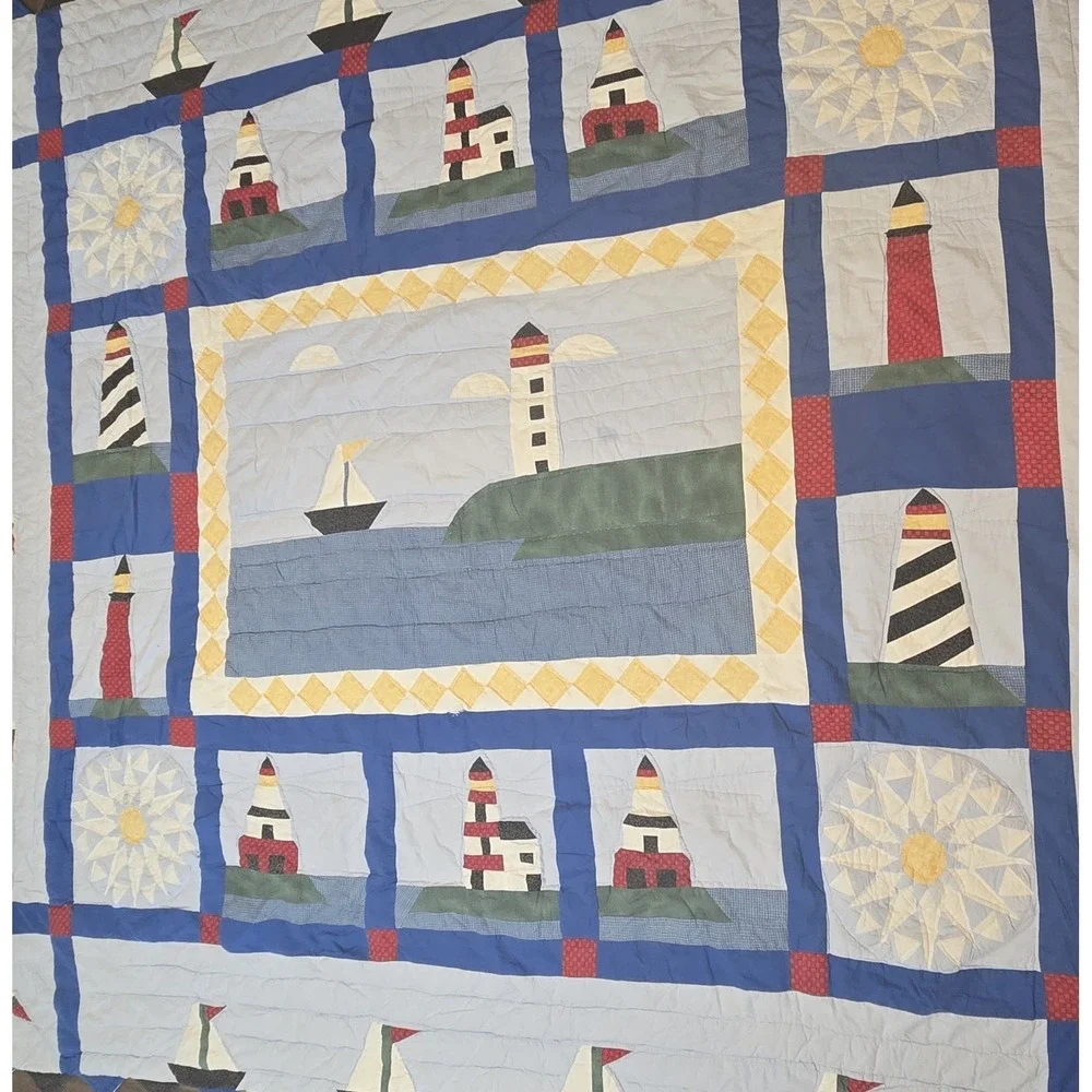 Nautical Blanket Quilt Lighthouse Beach Boat Blue Red Black Queen Size Duvet